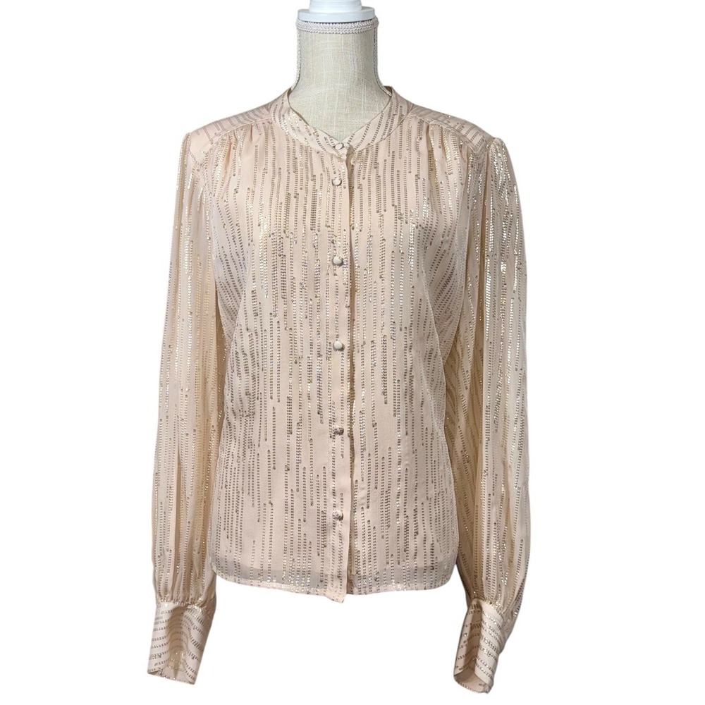 Marie Oliver Silk Blend Metallic Pink Button Front Blouse Sz LG Feminine LS